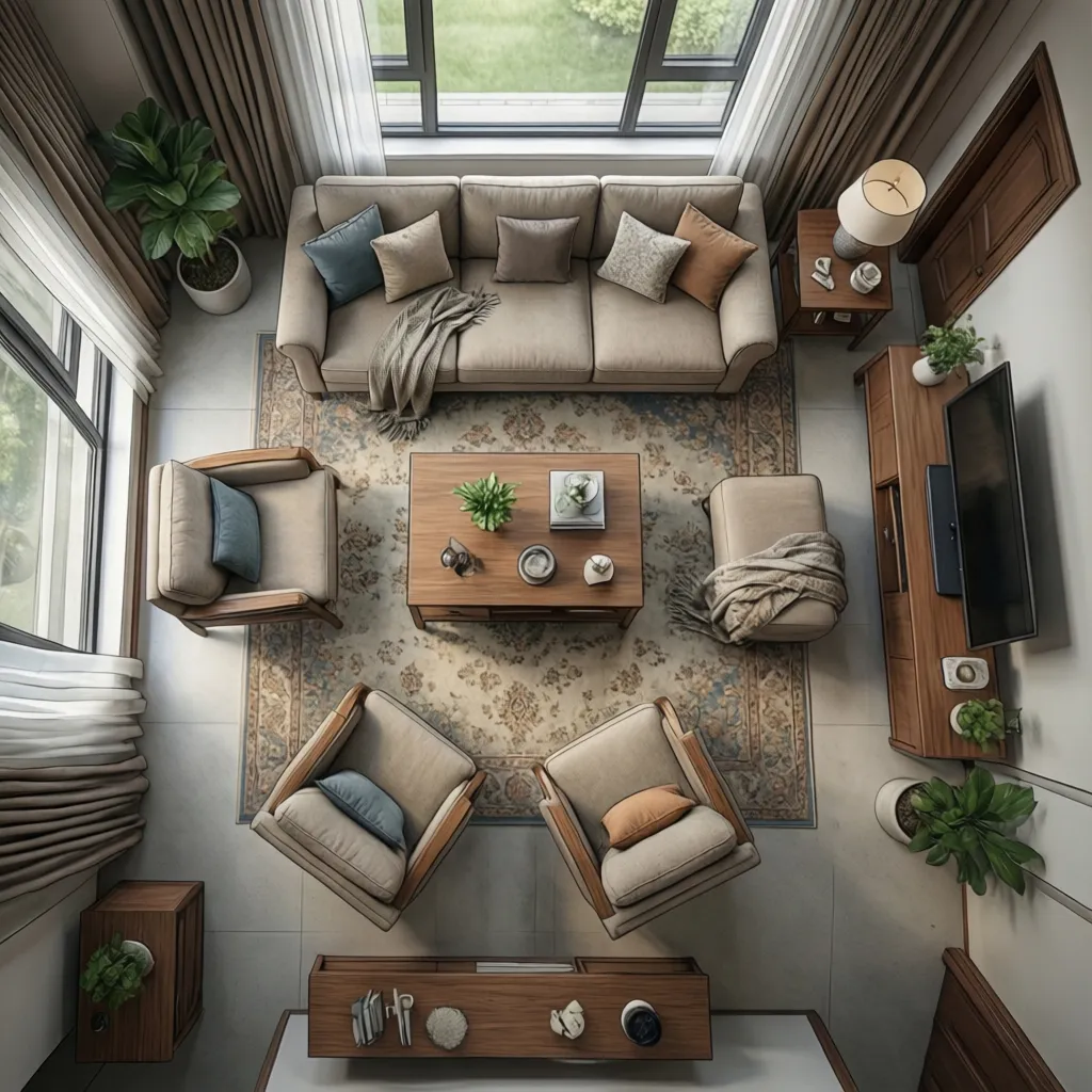 Living room conversation seating layout with sofa and chairs around coffee table