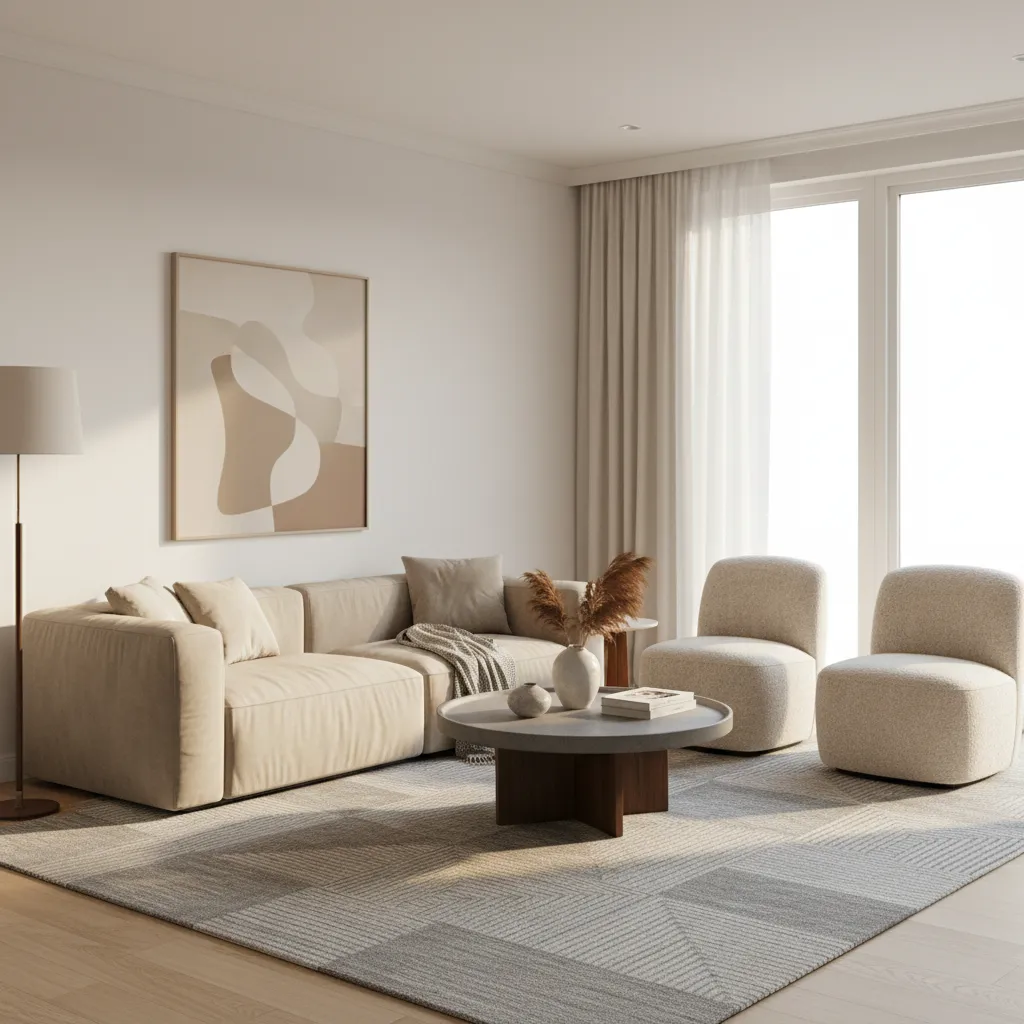 sofa and chairs arranged for conversation in rectangular living room