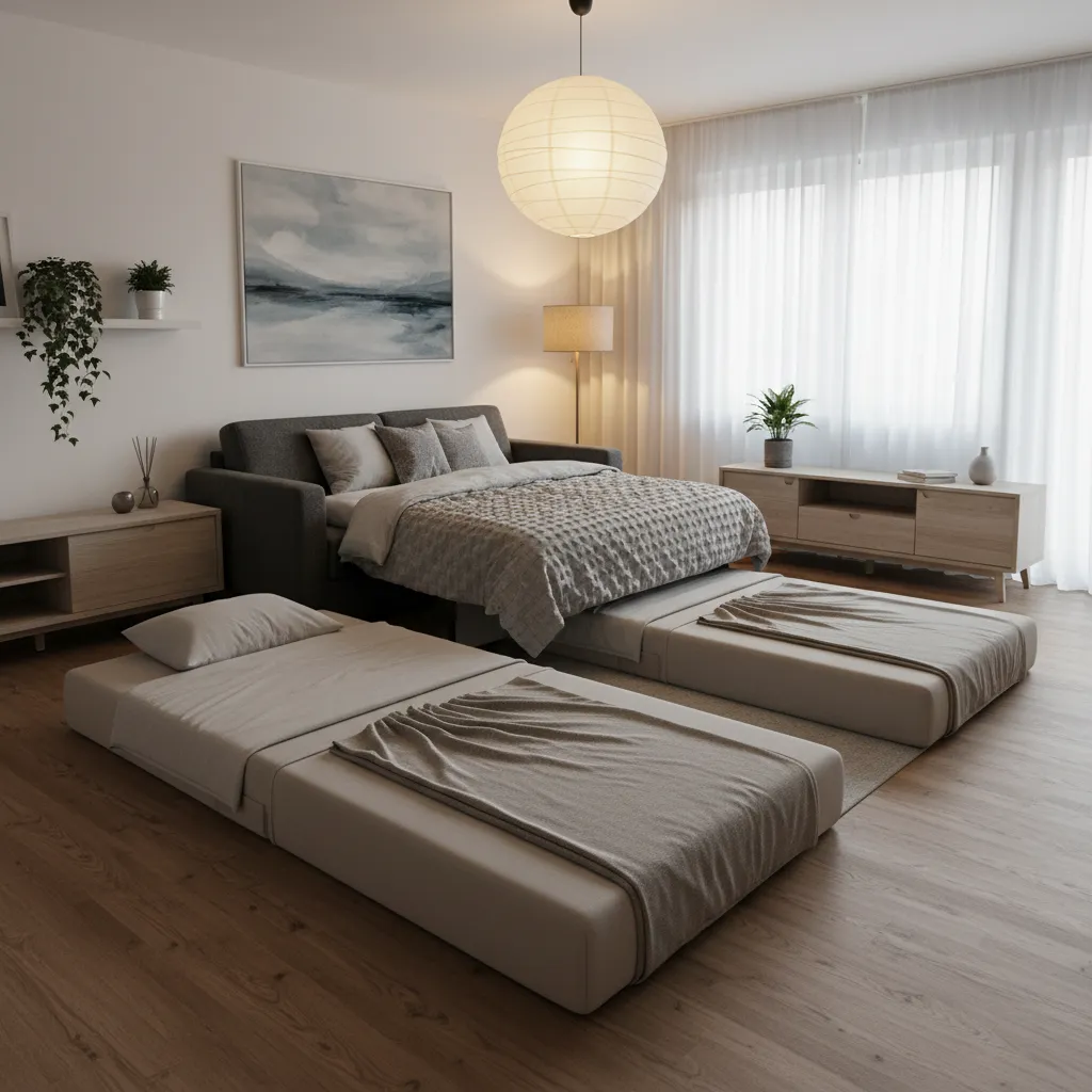 Living room with sofa bed converted into family sleeping area