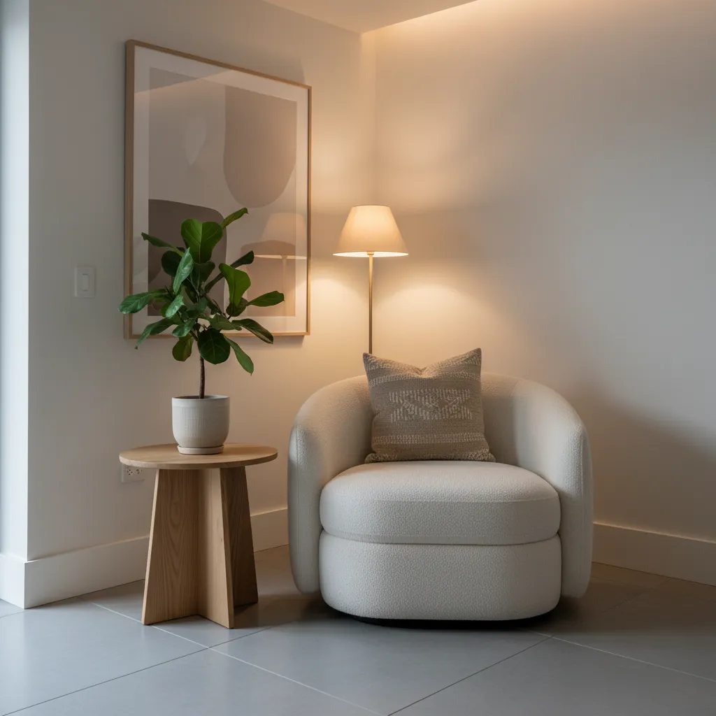 Modern living room corner with accent chair side table and decorative pillow