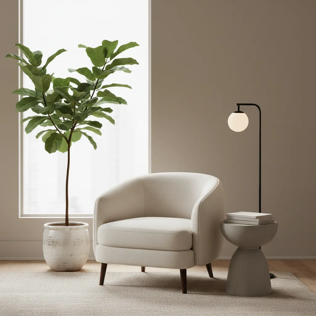 Accent chair styled in a bright living room corner with plant and lamp