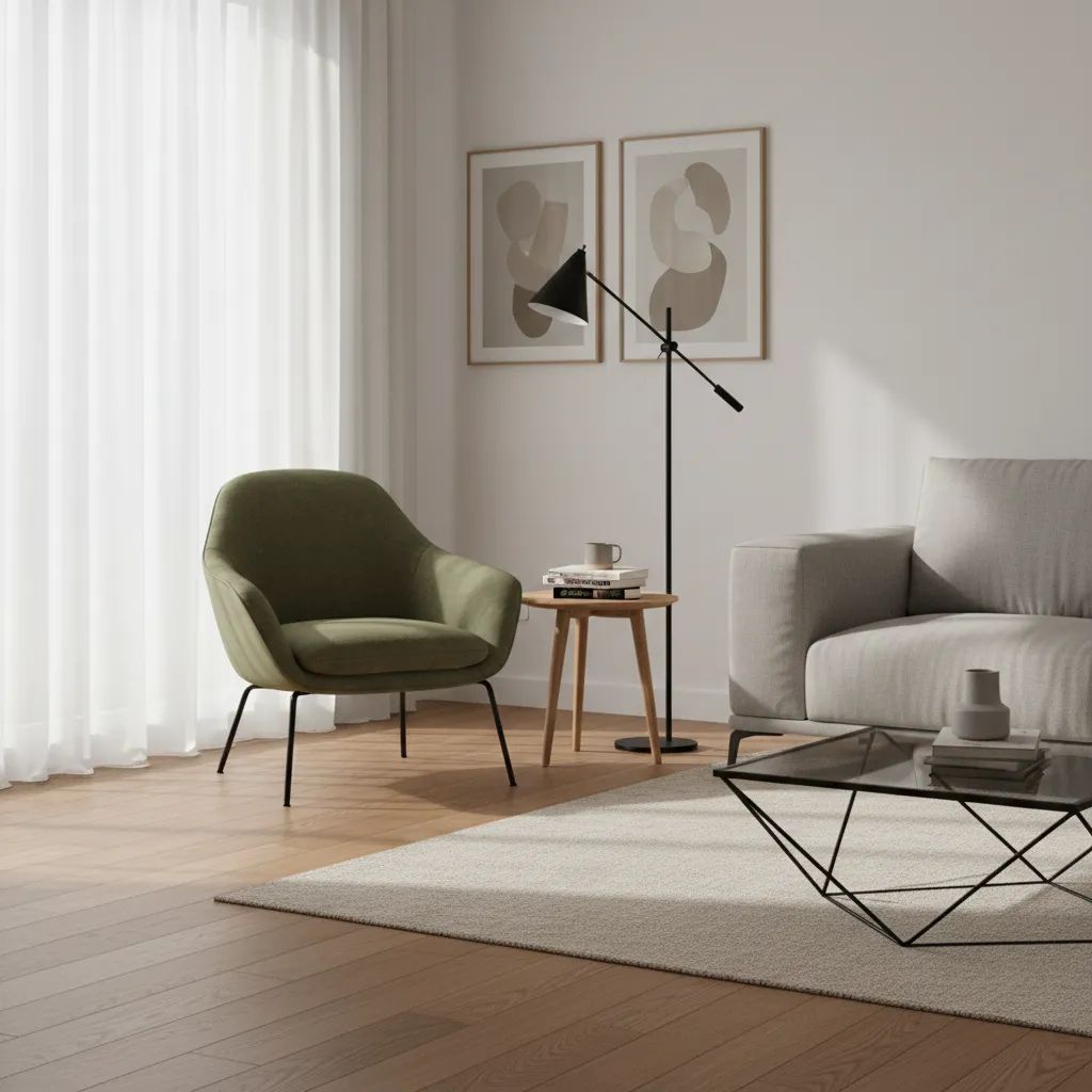 Modern living room corner with green armchair wooden side table black floor lamp and sofa