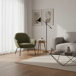 Modern living room corner with green armchair wooden side table black floor lamp and sofa