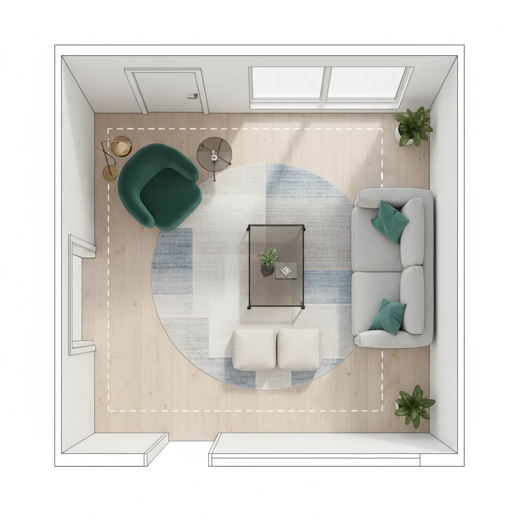 Top view layout showing seating placement in living room corner