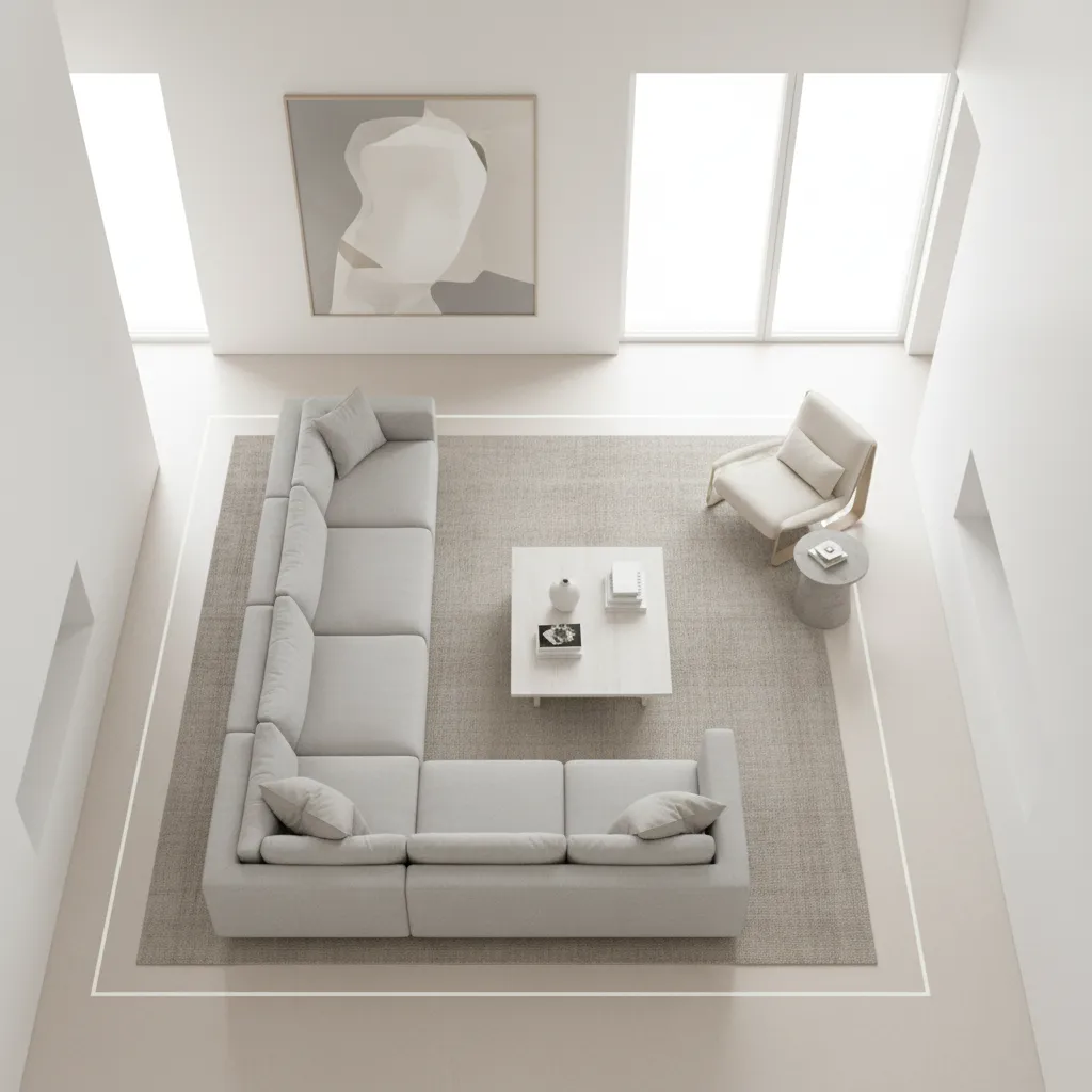 Living room corner layout showing circulation space around chair