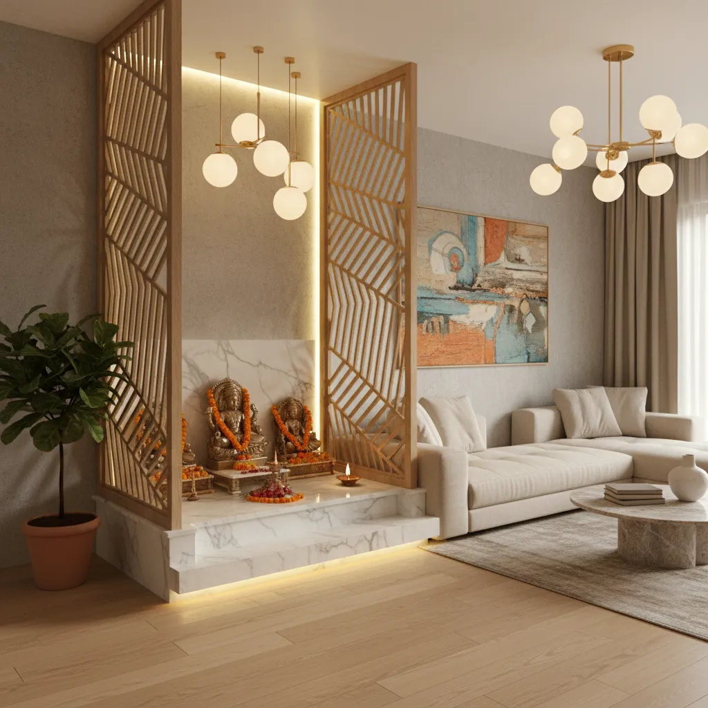 Apartment living room corner converted into a pooja space with wooden partition