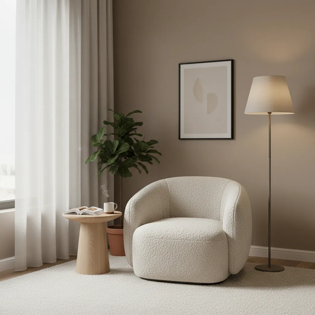 Comfortable reading chair placed in a living room corner with floor lamp