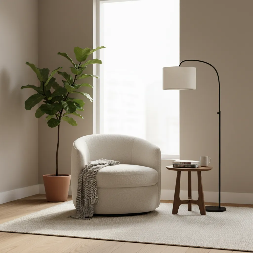 Living room corner reading nook with accent chair floor lamp and small side table