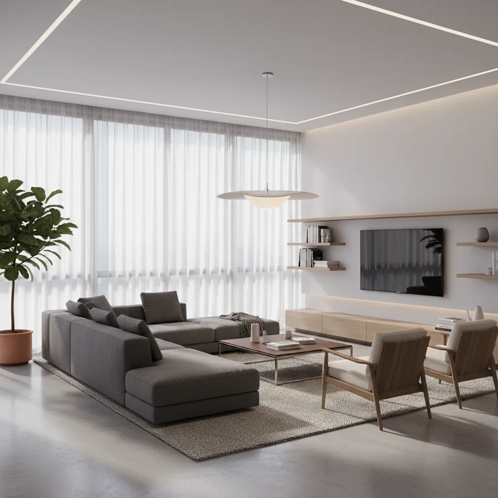 3D visualization of living room layout with curtains and furniture