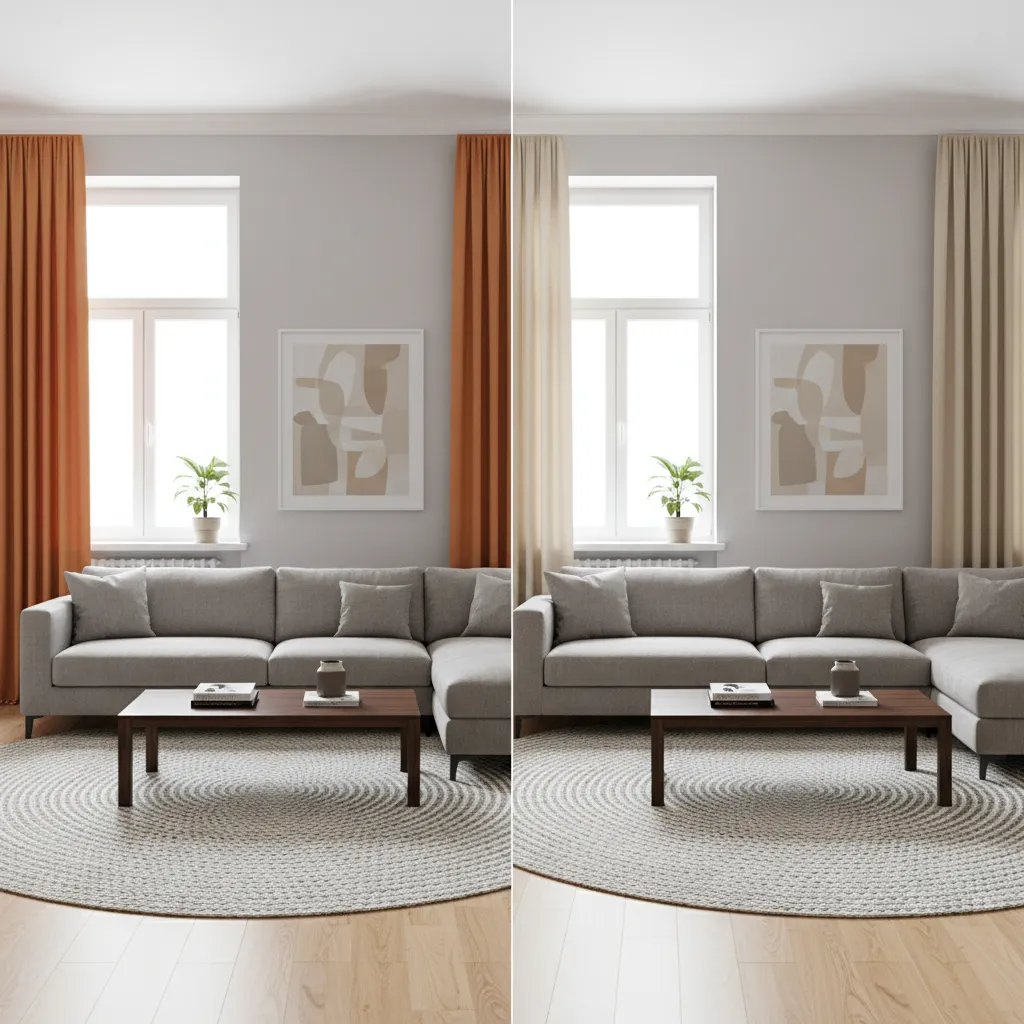 Interior design comparison showing bold orange curtains and neutral curtain styles