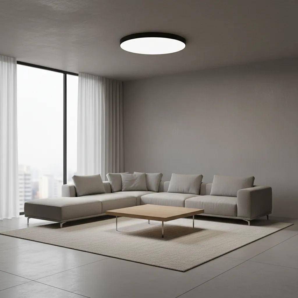 Living room with central ceiling light showing dark corners