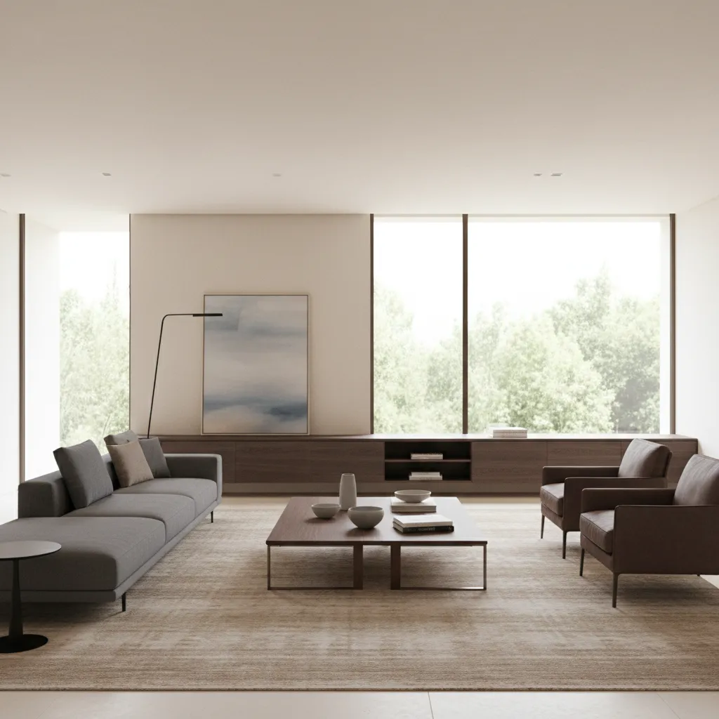balanced living room layout showing dark furniture with light walls