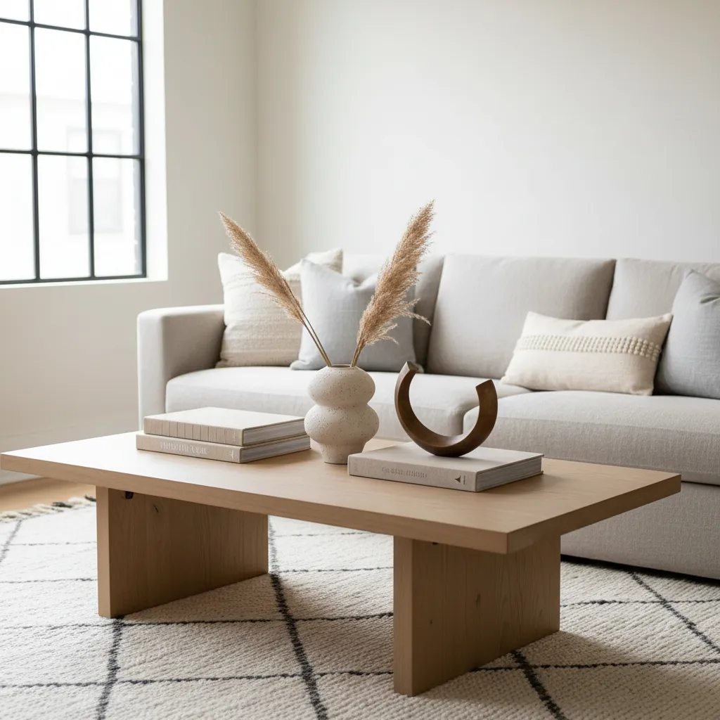 Salón moderno con mesa de centro decorada con objetos de diseño