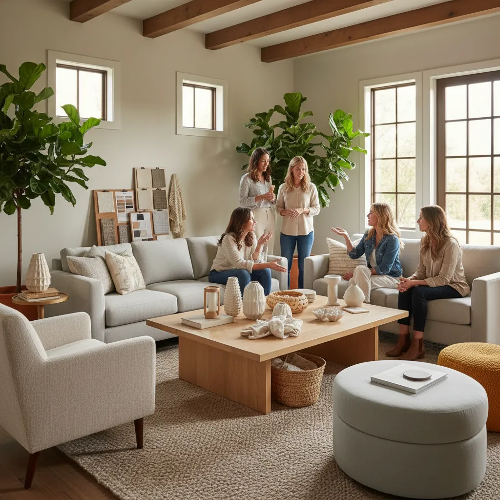 Guests discussing decor items arranged in a living room styling setup