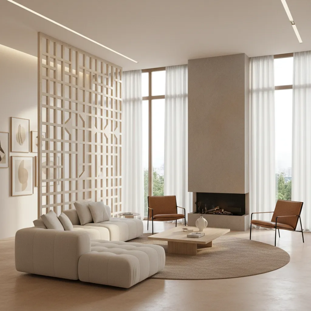 Modern living room with decorative geometric wall cut-out partition