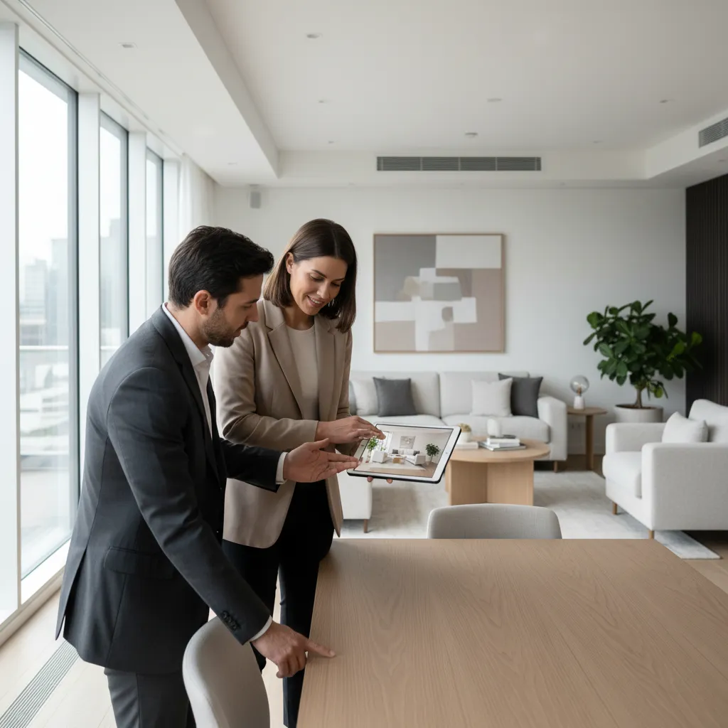 Decorador mostrando opciones de diseño de salón a un cliente