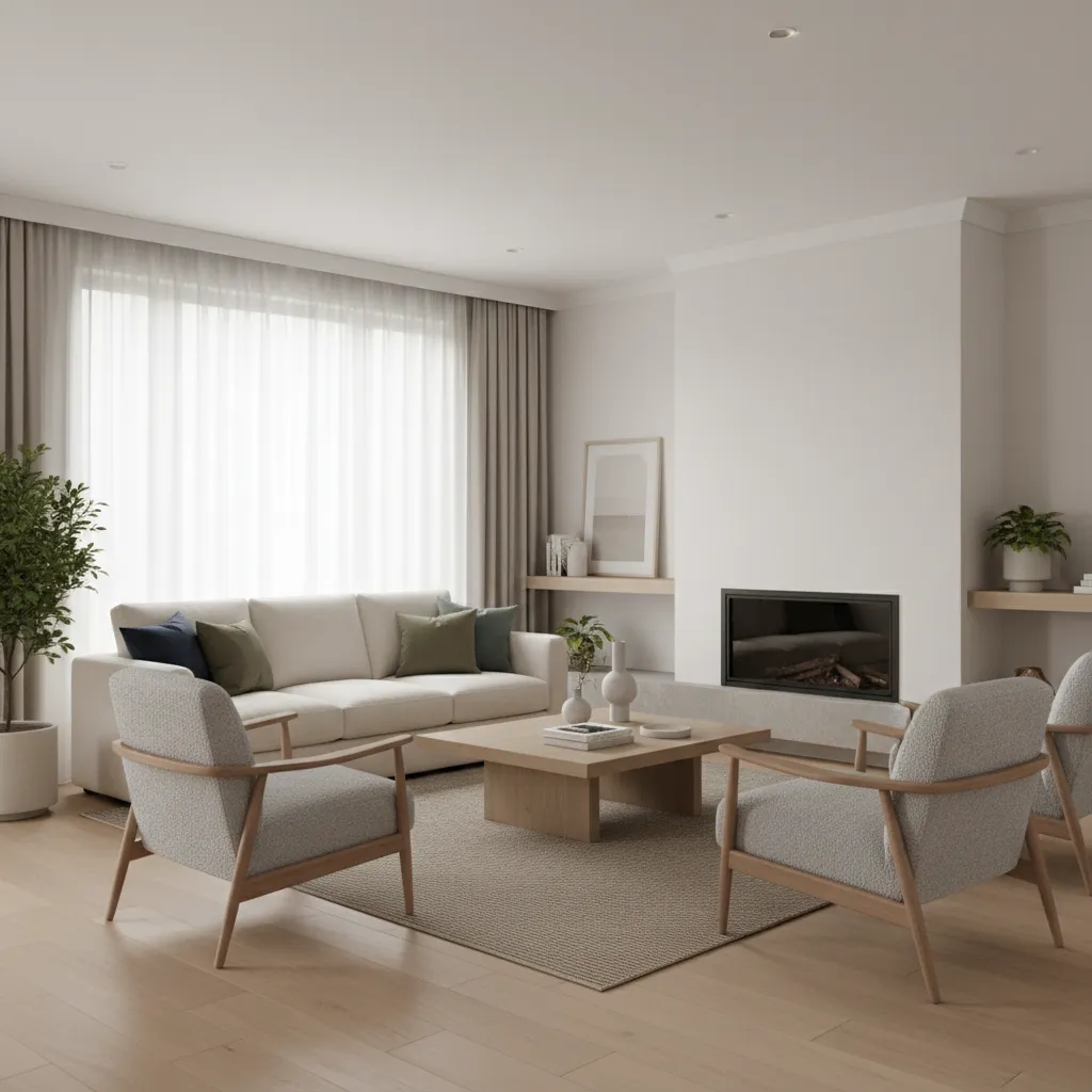 ejemplo de sala moderna con distribución equilibrada de sofá sillones y mesa