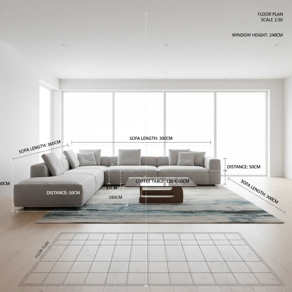 Sala de estar con medidas de mobiliario y distribución señaladas