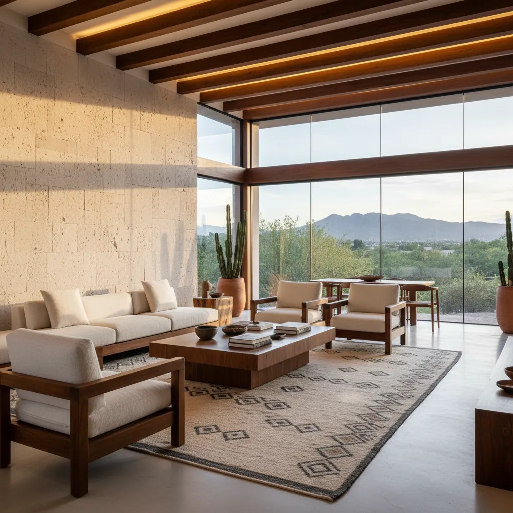 Sala contemporánea con materiales naturales y grandes ventanales