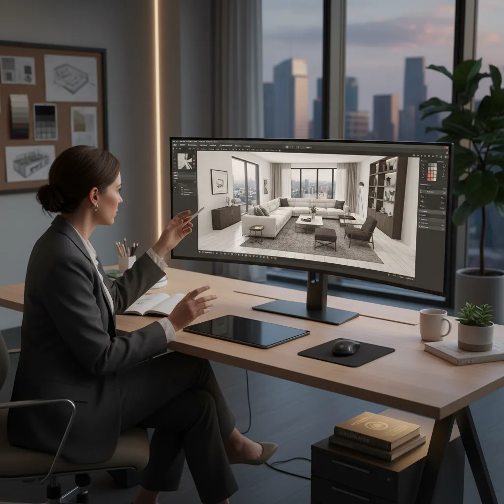 Designer using computer showing interior design drawing of a modern living room on large screen