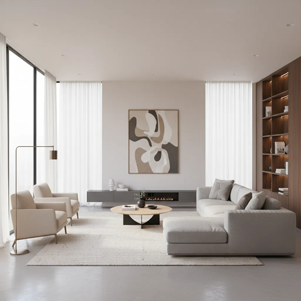 Modern living room layout planning with furniture placement and zoning