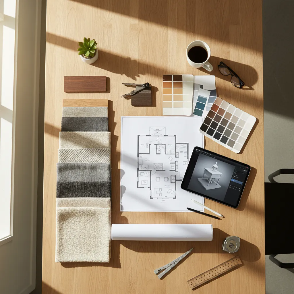 Planos de diseño de salón con muestras de telas y materiales