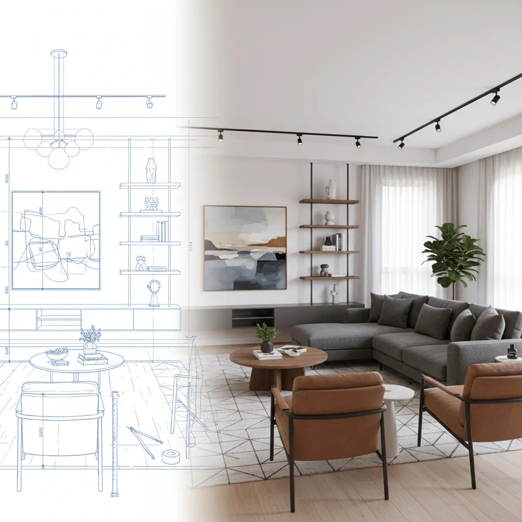 Proceso de diseño de un salón moderno desde plano a espacio real