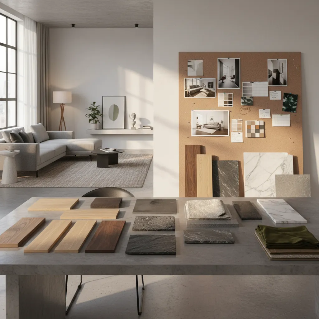 Proceso de diseño de un salón moderno con muestras de materiales