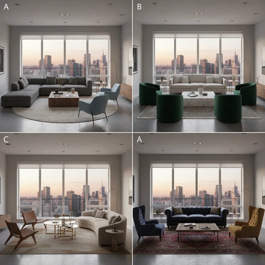 Simulación de diseño de salón con diferentes muebles en una aplicación de interiorismo