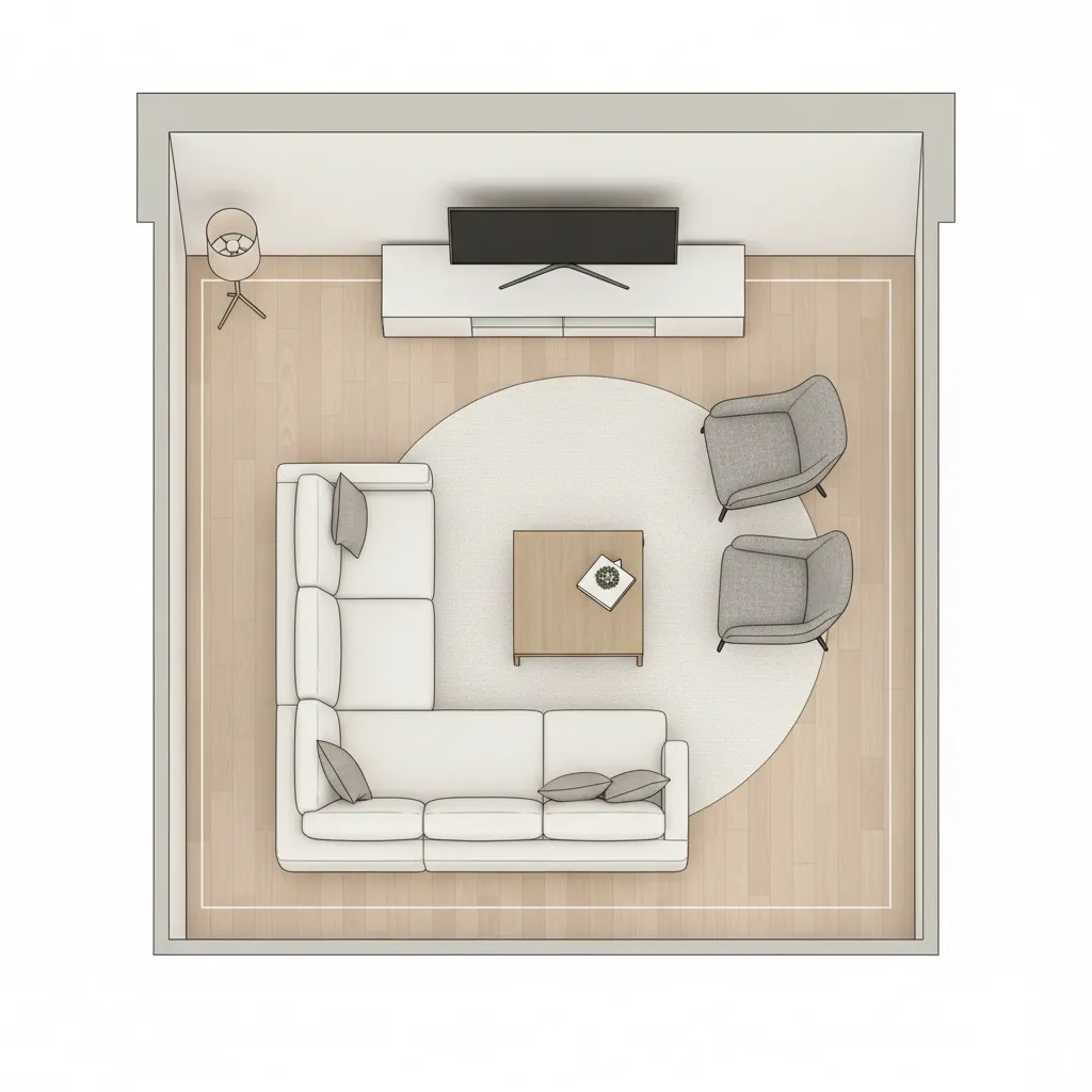 Living room layout diagram showing furniture spacing and circulation paths