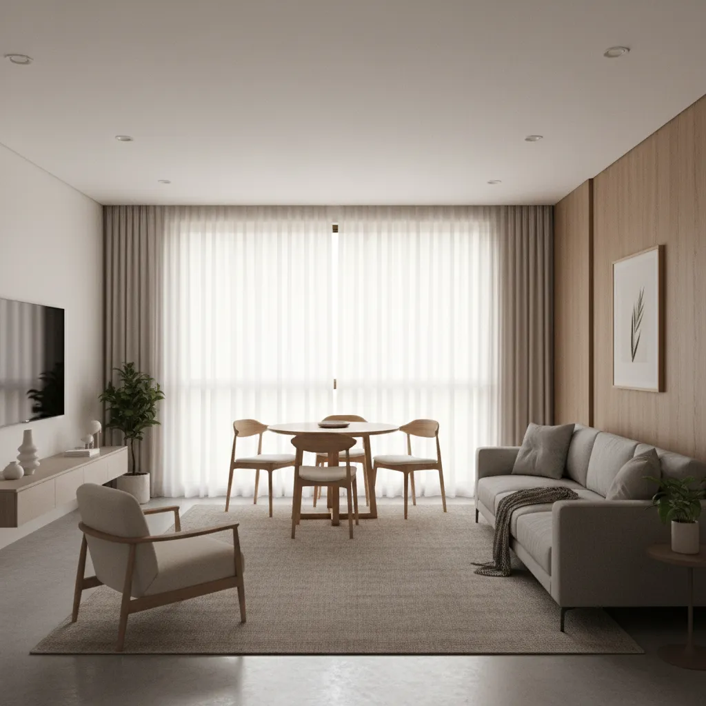 Living room with a clearly defined dining area near a window