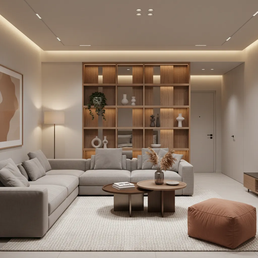 living room using open shelving divider near bedroom door
