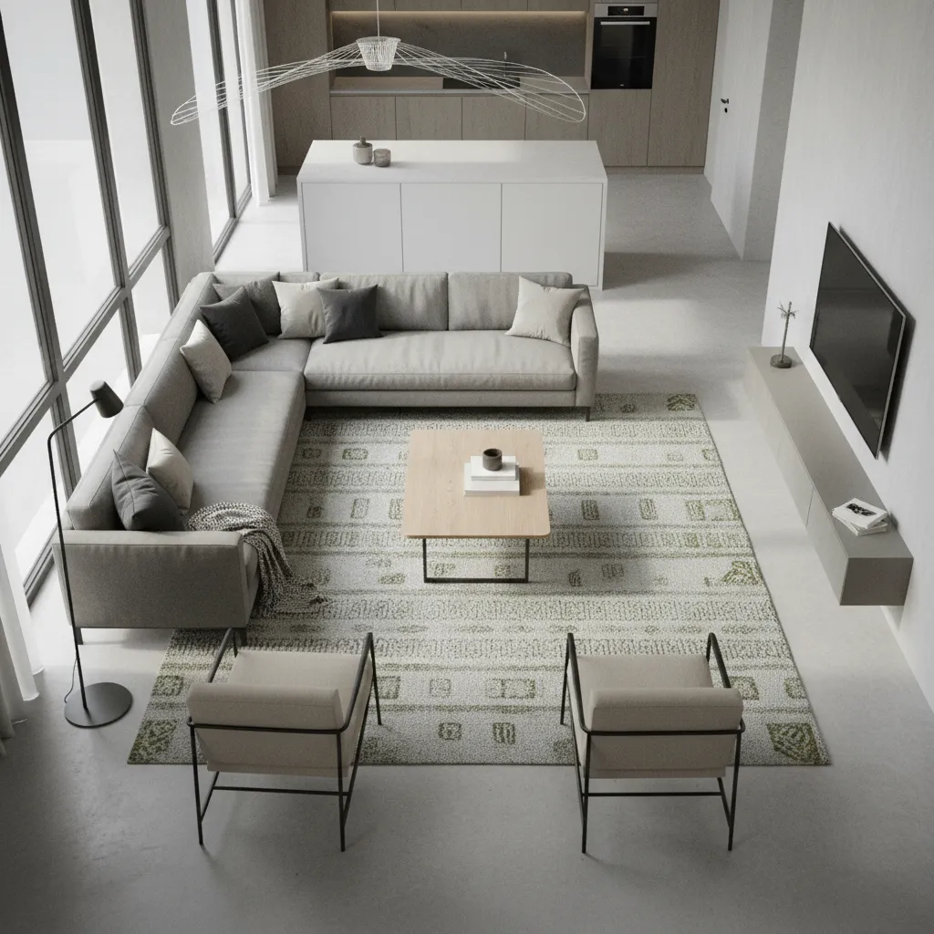 living room layout showing clear walking space around a diwan seating area
