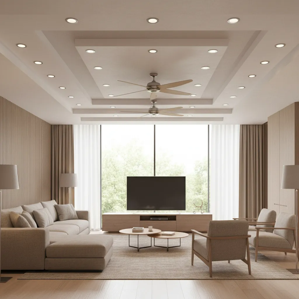 Modern living room with two ceiling fans integrated into layered gypsum ceiling