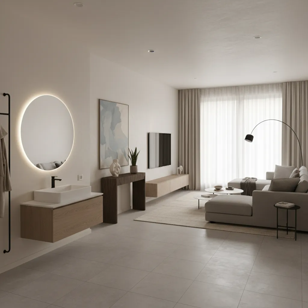 Compact entry area with modern wall mounted basin in living room