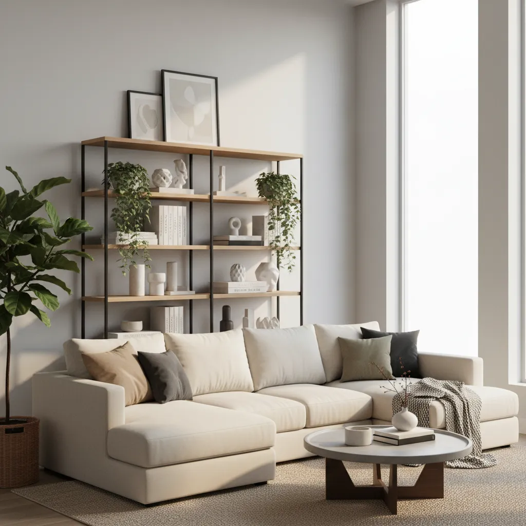 Living room corner featuring a styled etagere shelf next to a sofa