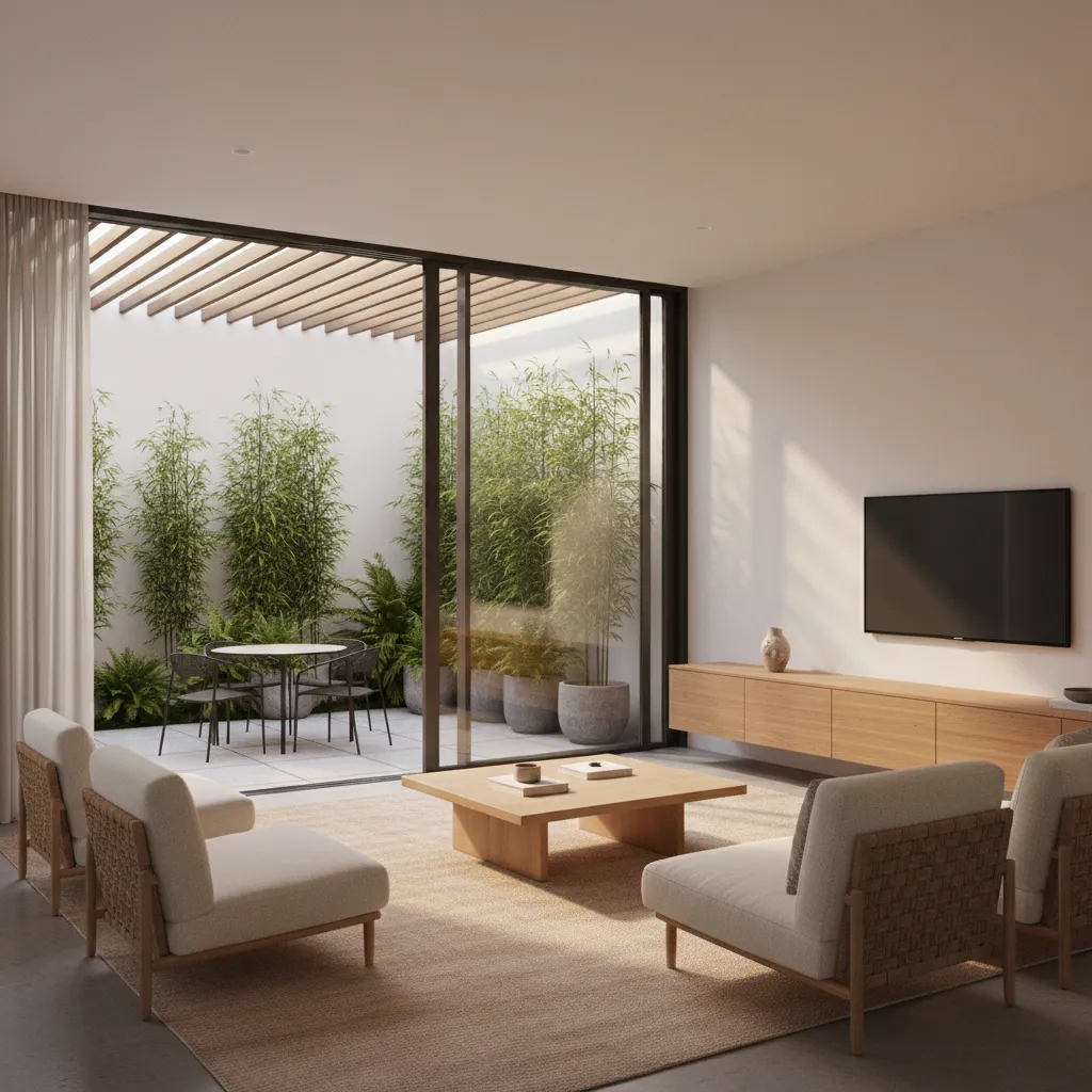 Phòng khách nhà chữ L nhìn ra sân trong