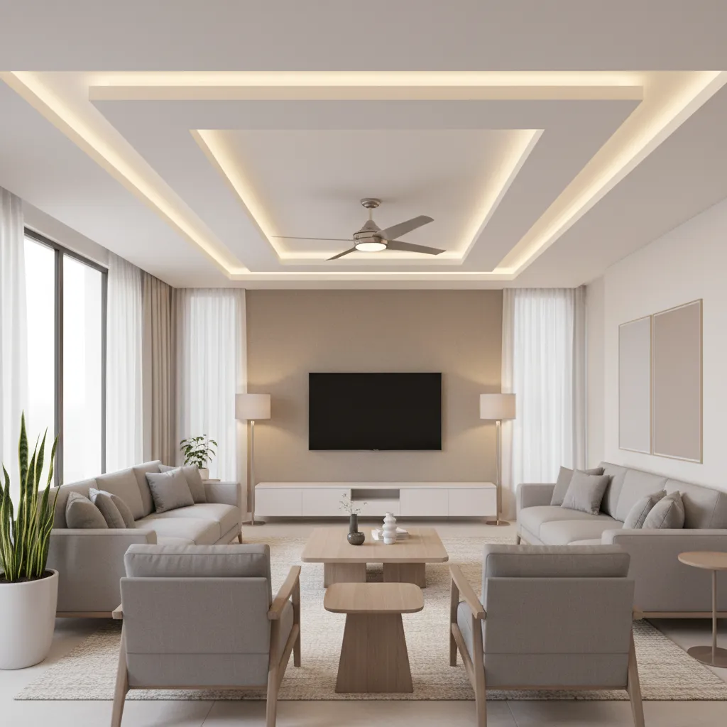 Spacious living room with grey sofas two armchairs wall mounted television and a ceiling fan