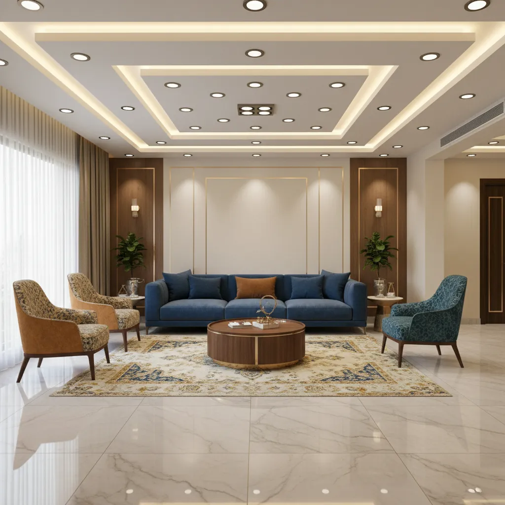 False ceiling lighting layout plan aligned with living room furniture
