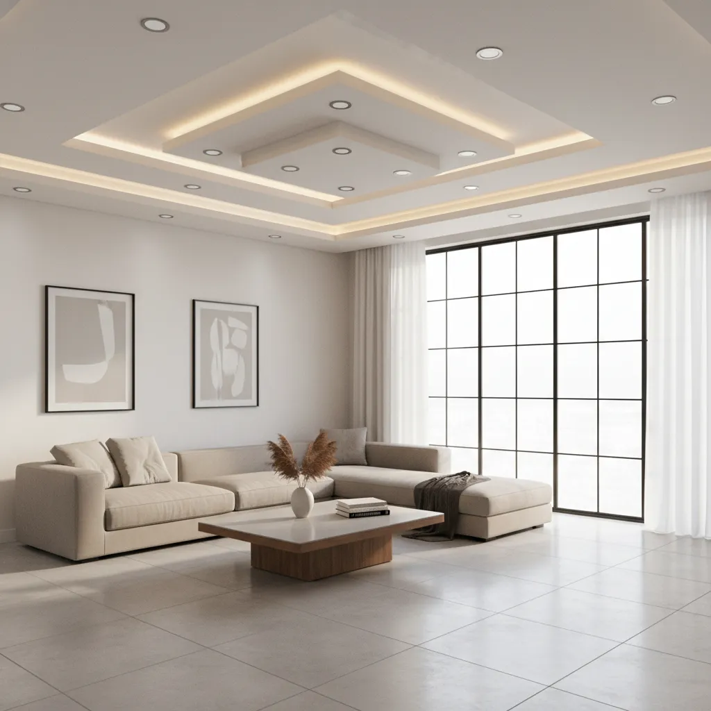 Modern living room with layered gypsum false ceiling and recessed lighting