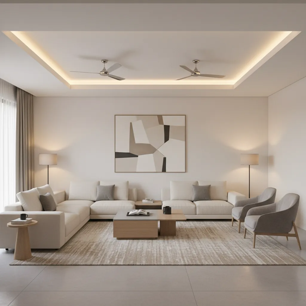 False Ceiling Design for Living Room With Two Fans