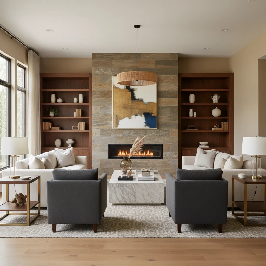 living room seating arrangement facing fireplace focal point