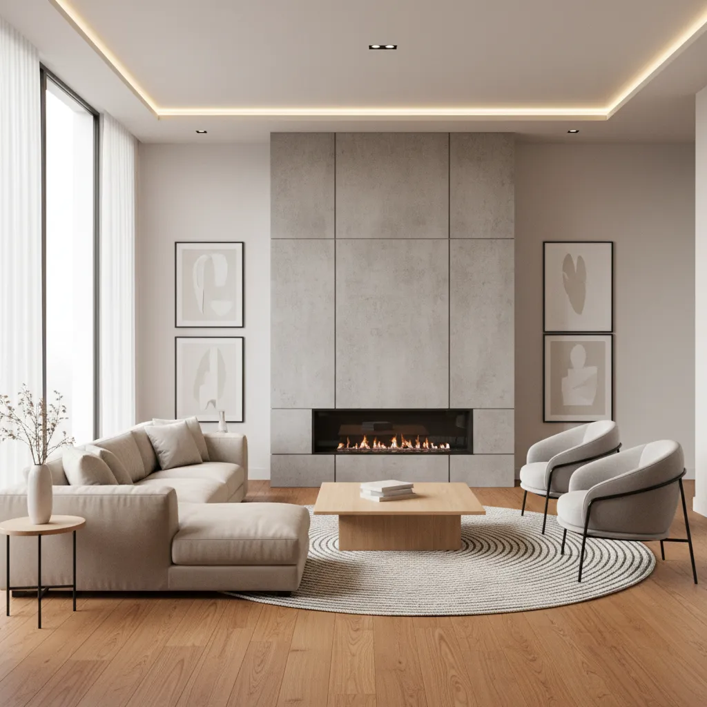 modern living room with fireplace as focal point and balanced seating arrangement