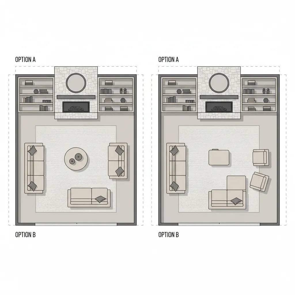 Simplified floor plan diagram comparing two fireplace sofa layout options