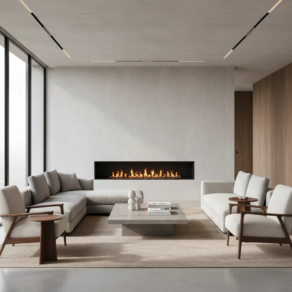 Balanced living room seating layout aligned with fireplace center