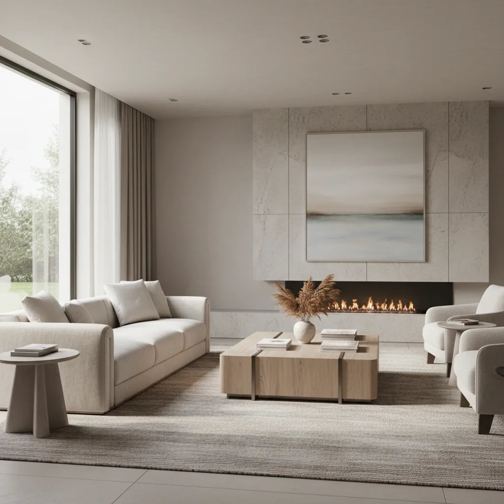 Living room showing sofa placed several feet from fireplace focal wall