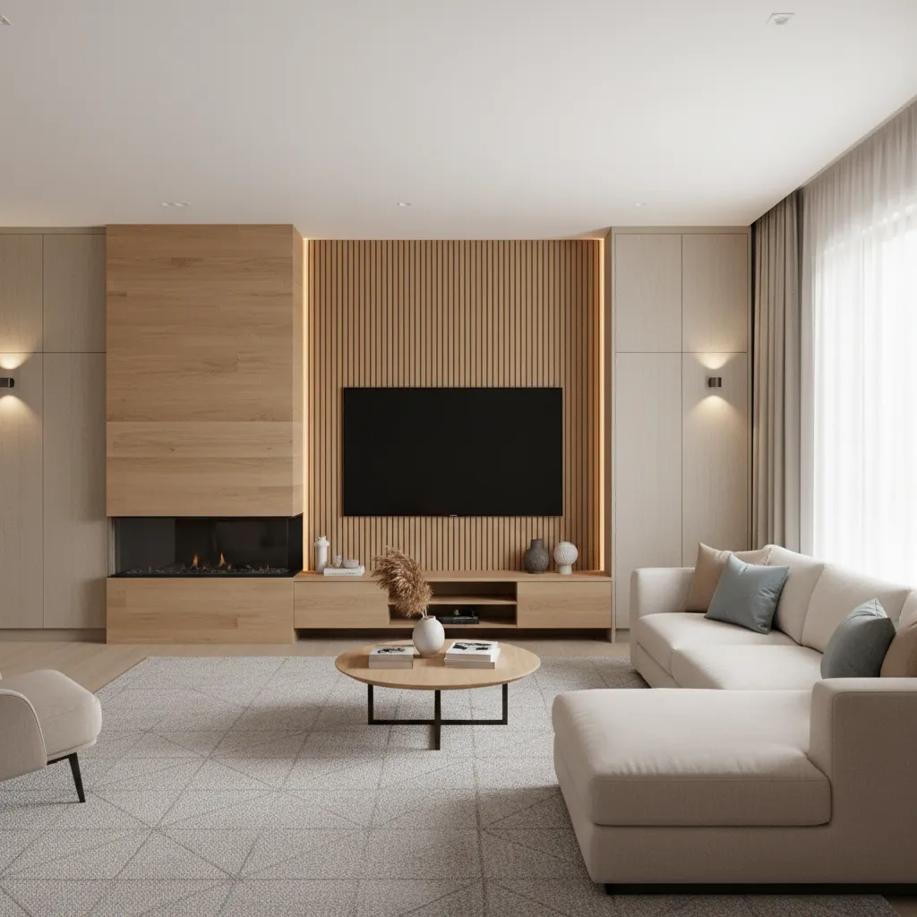 Living room layout with fireplace and TV side by side on same wall