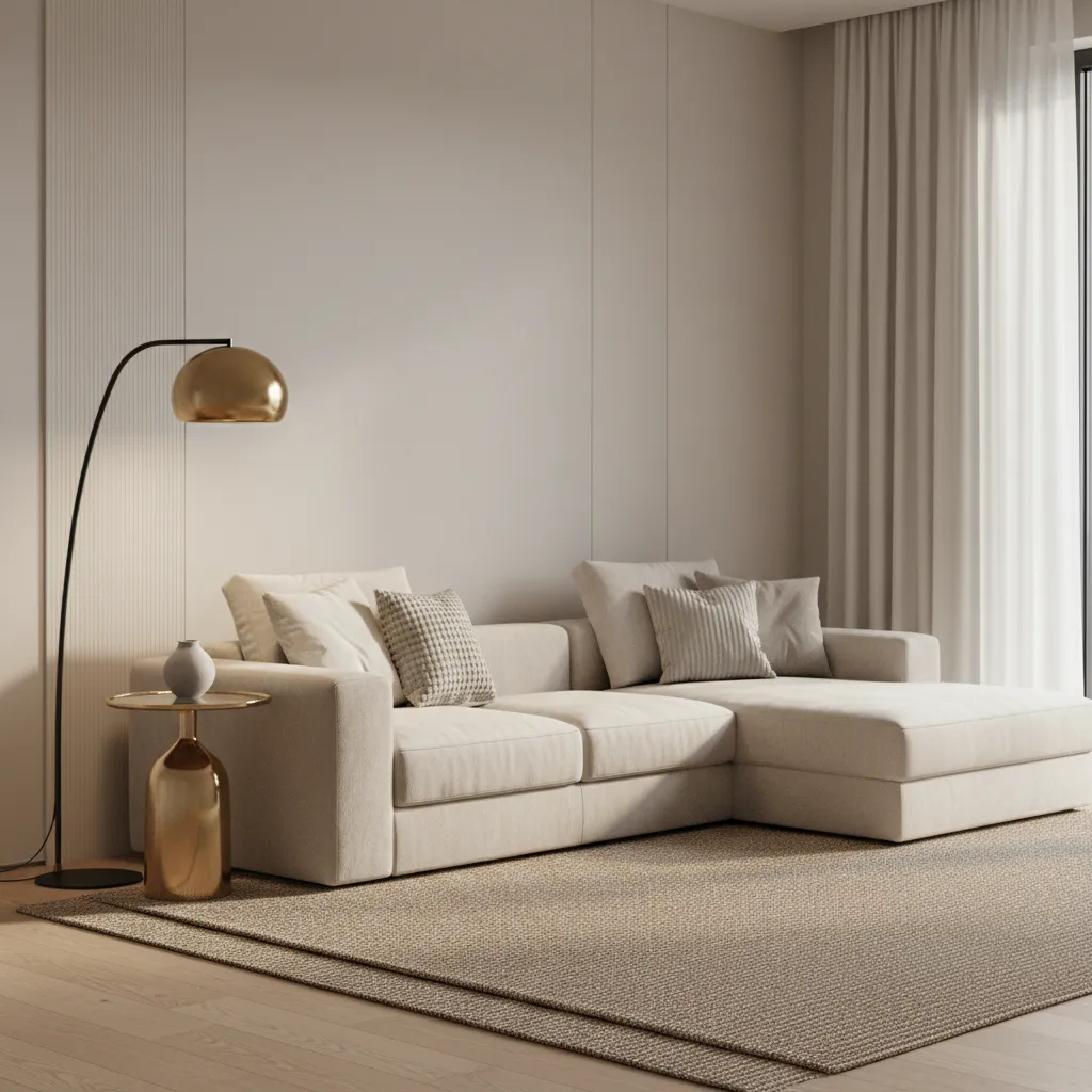 Modern floor lamp beside beige sofa creating soft lighting in neutral living room