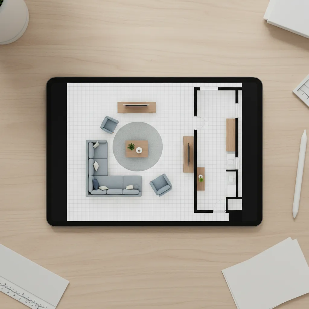 Living room layout planning with furniture arranged on a digital floor design planner