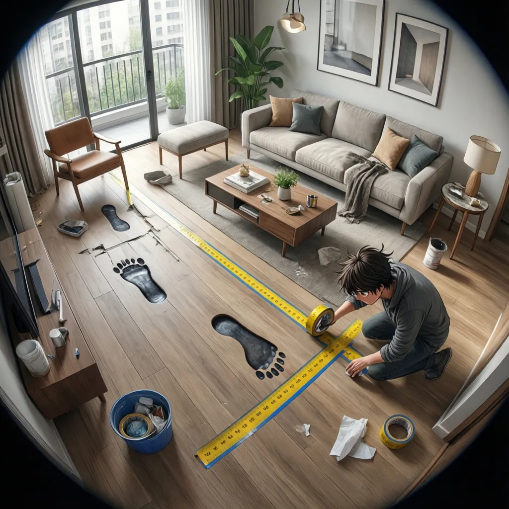 Living room floor layout with taped chair footprint measurement